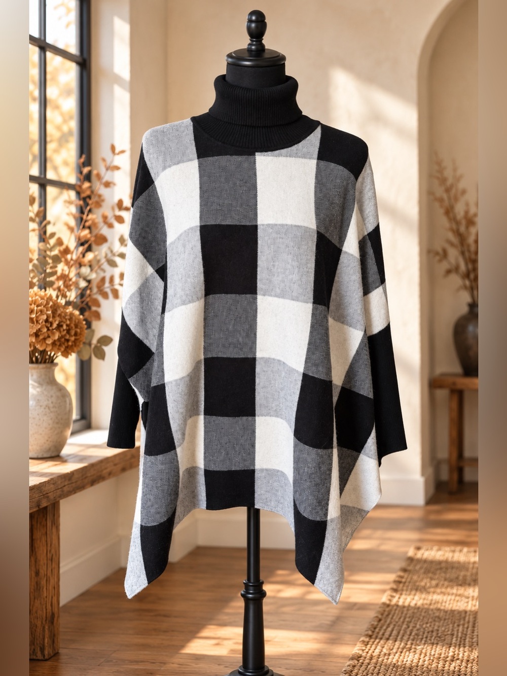 Crosstree Lane Plaid Turtleneck Poncho Sweater One Size